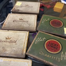 chesterfield and lucky strike vintage metal cigarette tins from the 1950’s