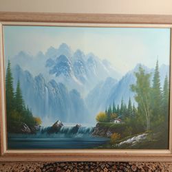 Gorgeous Painting Cliffs Mountains Cabin Lake Trees 55" x 43.5" by Paul