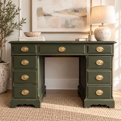 Vintage Green Pedestal Desk - 7 Drawer Solid Wood Kneehole Desk, Brass Hardware