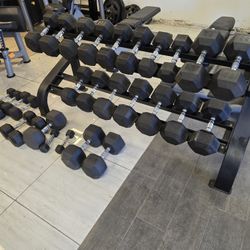5lbs - 75lbs Rubber Hex Dumbbells With A Tier 2 Commercial Grade Dumbbell Rack 