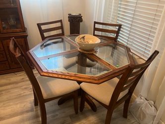 Vintage Hexagon Glass-Top Dining Table Set with 4 Chairs