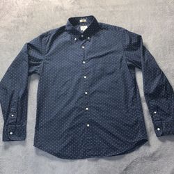 J Crew Vintage Size Large Shirt Long Sleeve Navy Blue White Polka Dots Stretch