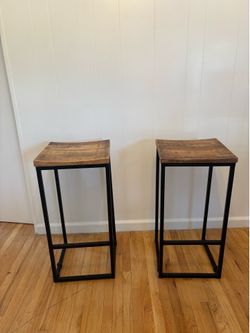 Handcrafted Indian Wood & Iron Bar Stools – Rustic Industrial Set of 2