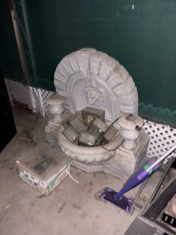 Stone Lion Head Wall Fountain with Basin and torches