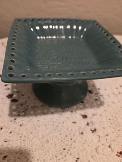 Aqua blue pedestal jewelry holder ceramic