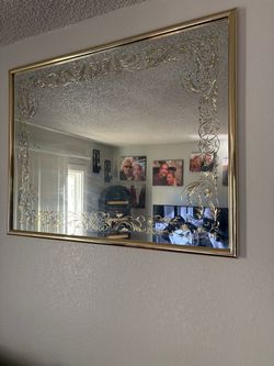 Large Wall Mirror with Gold Floral Etching