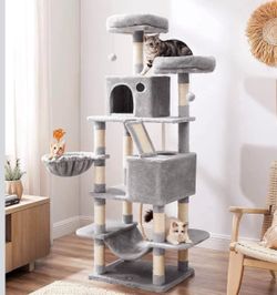 Cat Tree, 66.1-Inch Large Cat Tower with 13 Scratching Posts, 2 Perches, 2 Caves, Basket, Hammock, Pompoms, Multi-Level Plush Cat Condo for Indoor Cat