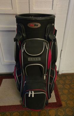 Bag Boy brand  cart golf bag. Has rotating club selection and insulation pockets. Club cover included
