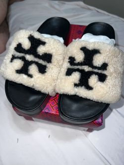 Tory Burch Double T Faux-Shearling Flatform Slides