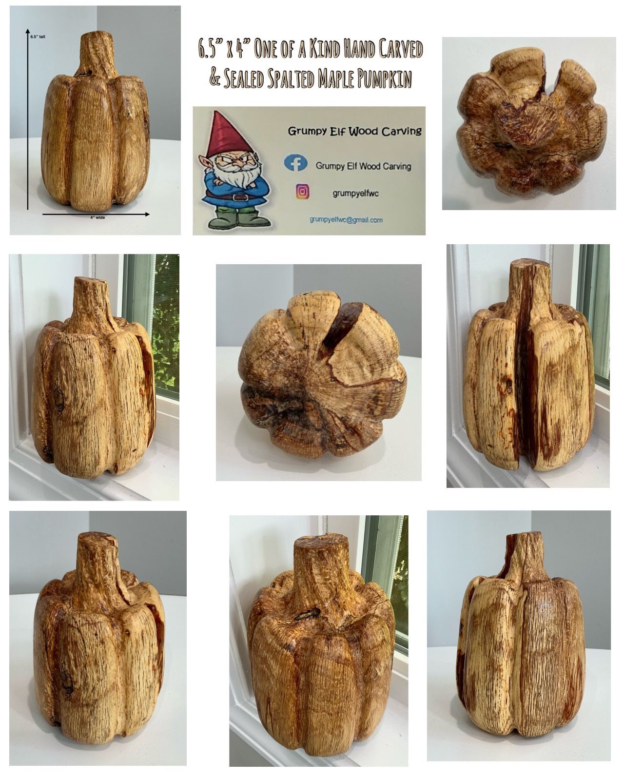 6.5” x 4” One of a Kind Hand Carved & Sealed Spalted Maple Pumpkin