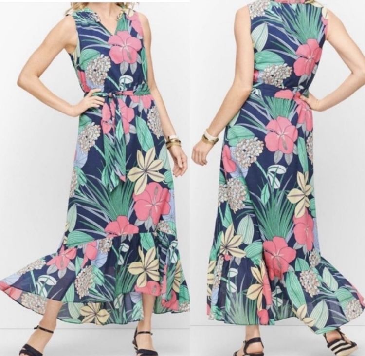 Talbots 2 Voile Hibiscus Sleeveless Floral  Ruffle Maxi Dress pink blue green