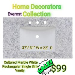 Home Decorators Collection 31/
37 in. W x 22 in. D Cultured Marble White Rectangular Single Sink Vanity Top in Everest
