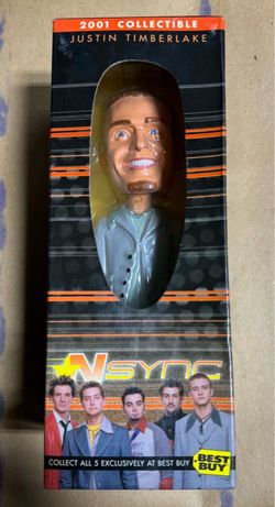 vintage 2001 Best Buy Exclusive Justin Timberlake NSYNC Bobblehead figurine inside its original packaging.