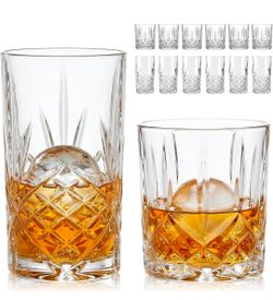 Crystal Whisky Drinking Glasses Set of 12, Glass Cups, Mixed Glassware Set, 12 Oz Highball Glasses & 11 Oz Old Fashioned Glasses, Great for Cocktail a