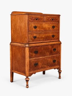 American Colonial Revival Tiger Maple Highboy Dresser by Marvel Furniture Co, c.1920's - Delivery Available