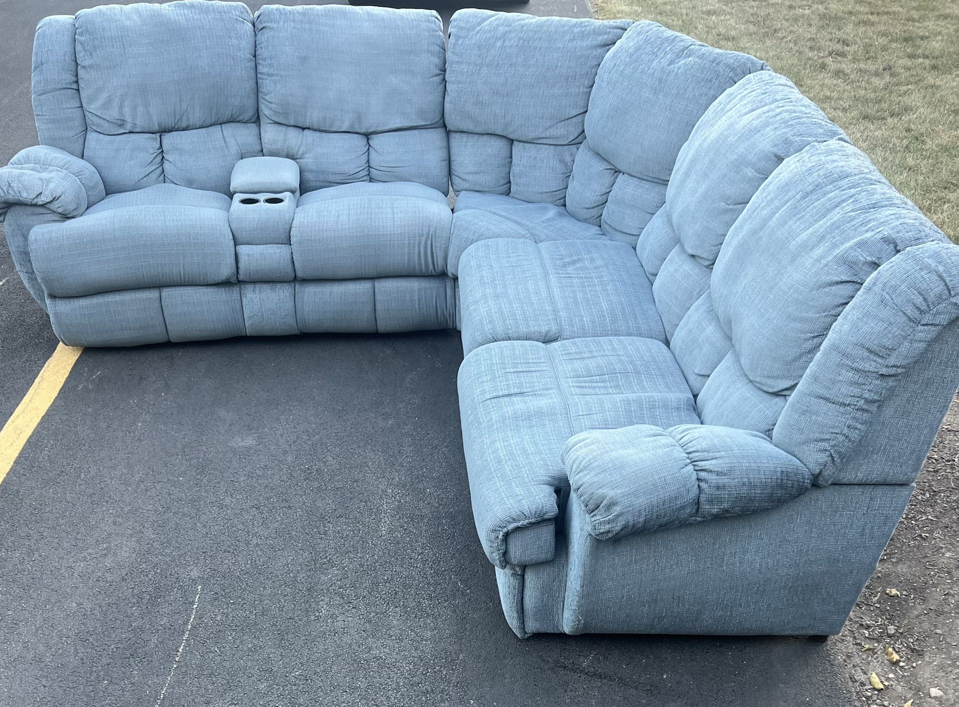 Light Blue Sectional Reclining Couch Set With Pull Out Bed 