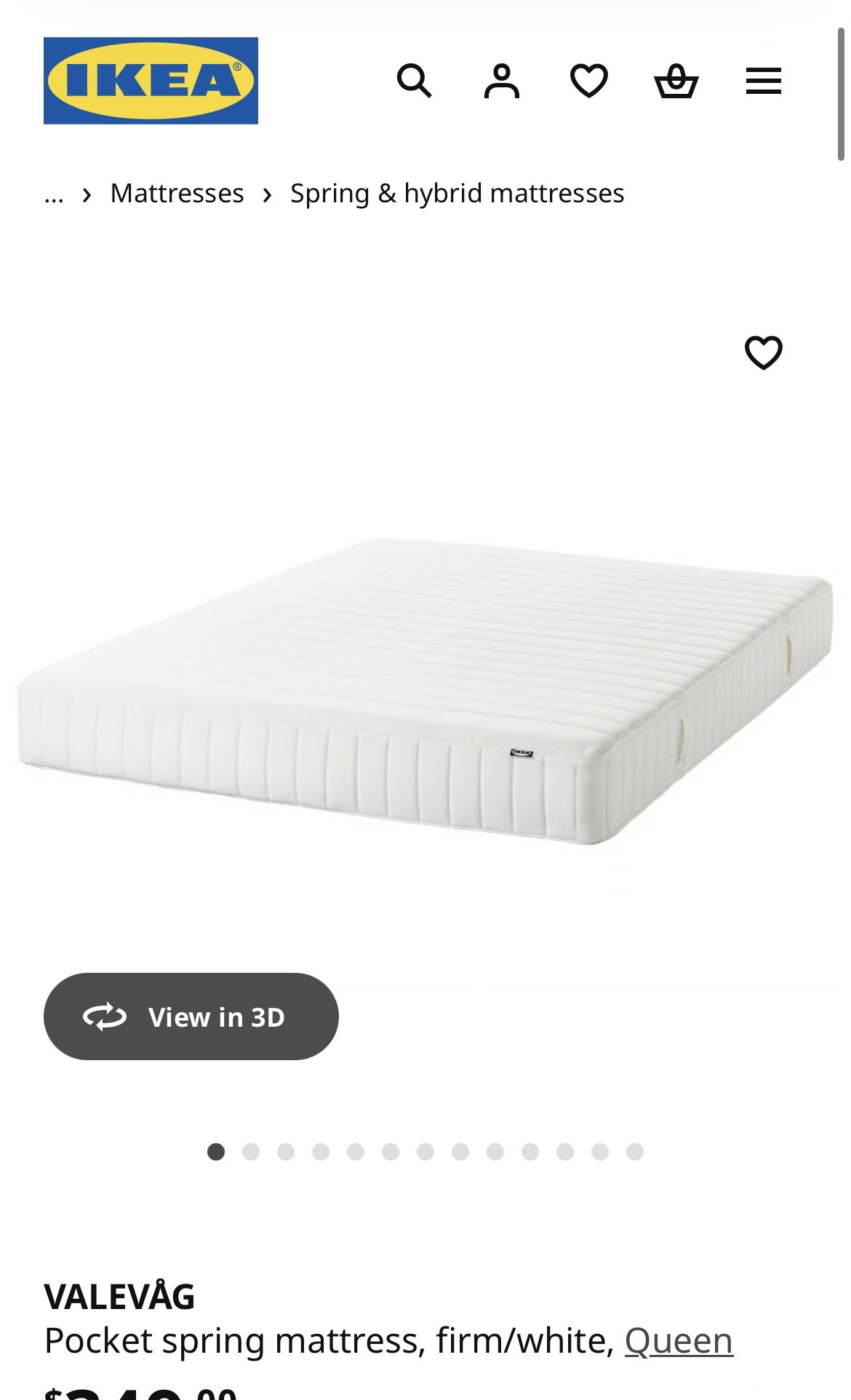 Used IKEA Valevag Pocket Spring Mattress Queen Size Bed- Firm/White