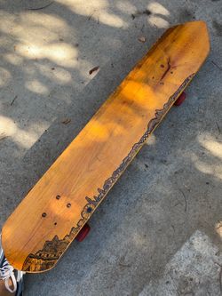Vintage Wooden Longboard Skateboard with Artwork