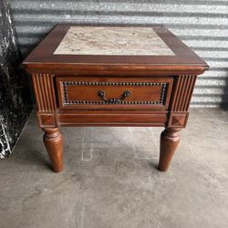 Solid Wood End Table w/ Real Marble Top – Storage Drawer – Heavy & Sturdy