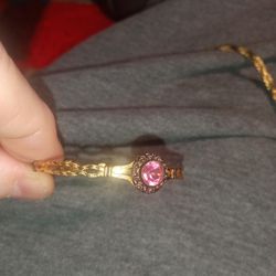 Gold Tone Girls Bracelet w/ Purple Colored/Amethyst Type Gem w/ Faux Diamonds Around Stone