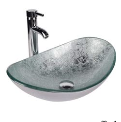 Boat Shape Bathroom Artistic Glass Vessel Sink Free Chrome Faucet Chrome Pop-up Drain,Silver