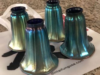 Old Peacock blue iridescent trumpet art glass shades - 4 matching Never Used