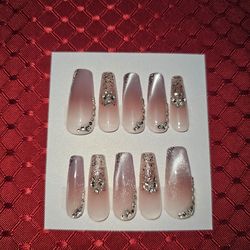 Press-On Nails | X-Long Coffin | Nude Pink Cateye Tip w/ Bling & Sparkle (#2)