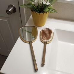 Vintage Mid-Century Mirror And Brush, Gold Tone
