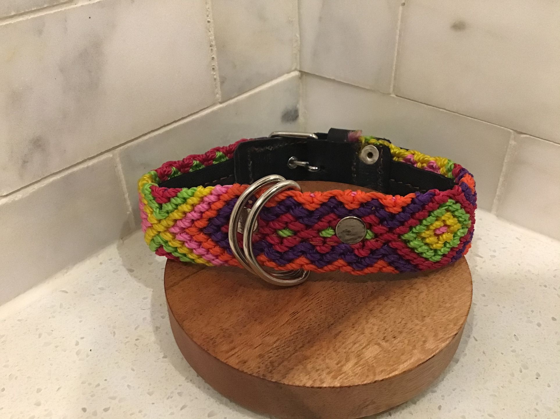 Handmade 14” Dog Collar – Bright Rainbow Weave on Dark Leather