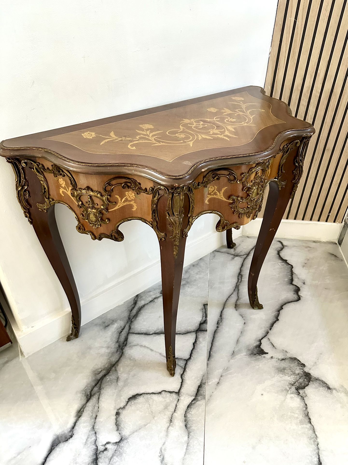 1930’s Antique French Serpentine inlaid Console Table with bronze Ormolu