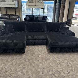 Big Black Double Chaise Corduroy Sectional
