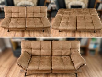Mid-Century Modern Convertible Futon Sofa – Tan/Brown