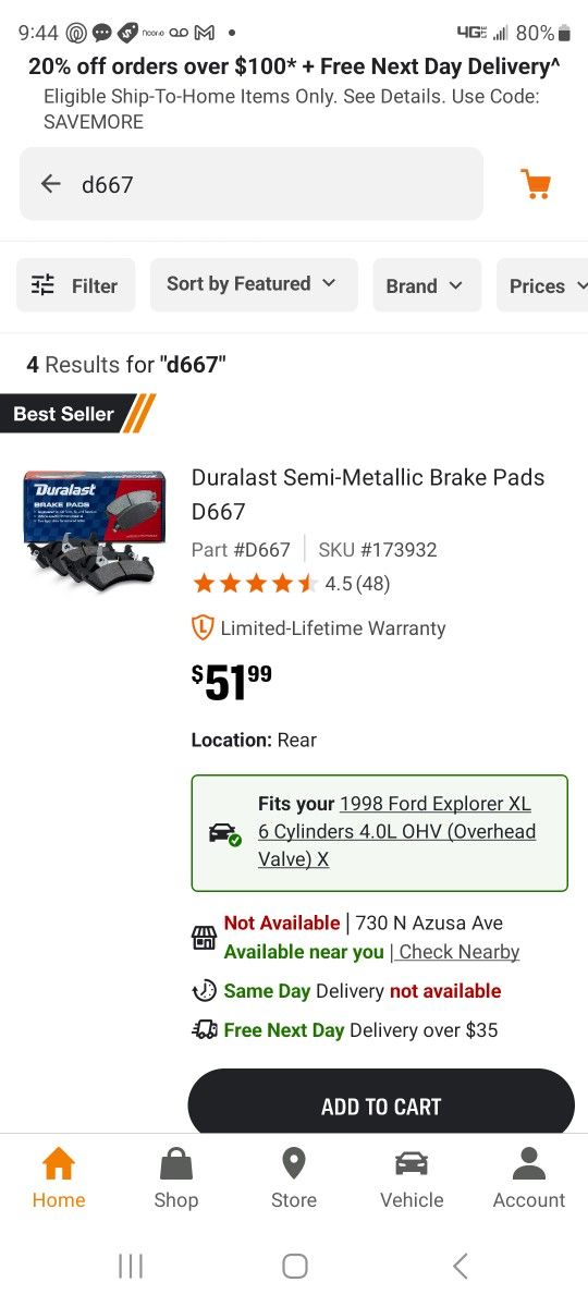 New Ford Rear Brake Pads Duralast D667