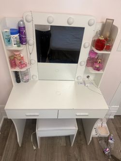 White Vanity Desk with Hollywood Mirror and Stool