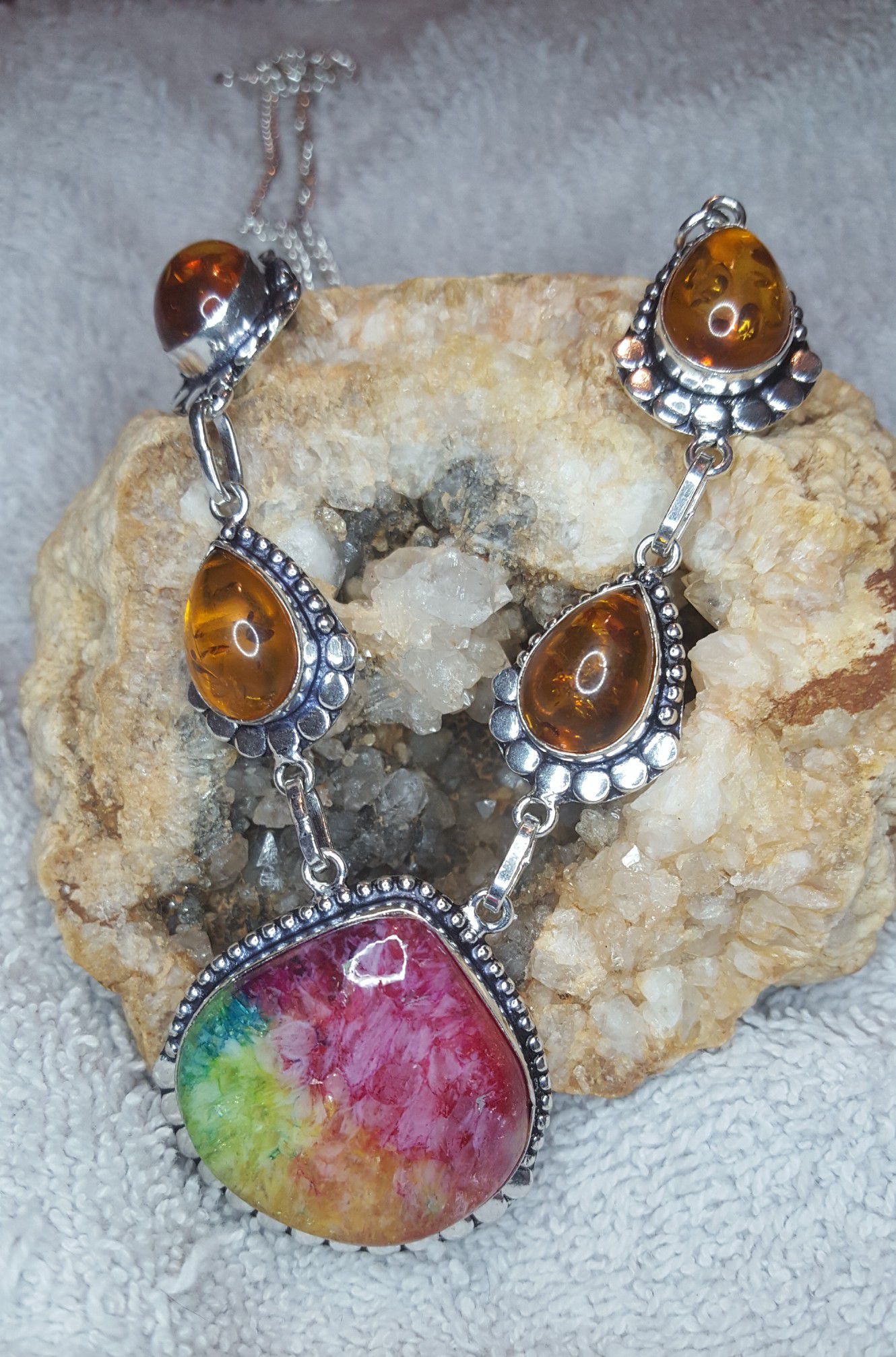 Beautiful Rainbow Solar Quartz and Amber Gemstone Necklace