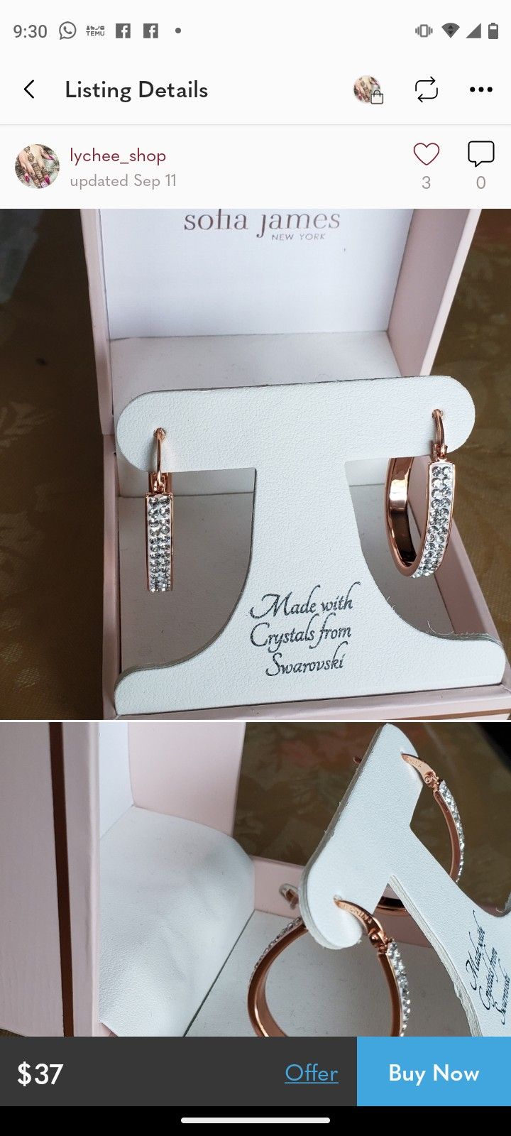 Sofia James Swarovski Crystal Hoop Earrings Rose Gold Plated NIB