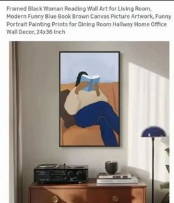 NEW-Framed Black Woman Reading Wall Art for Living Room, Modern Funny Blue Book Brown Canvas Picture Artwork, Portrait Painting Prints for Dining Room