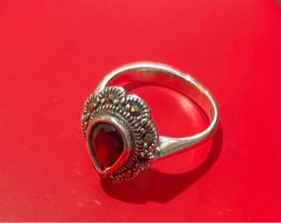Silver Ring with Red Stone and Marcasite