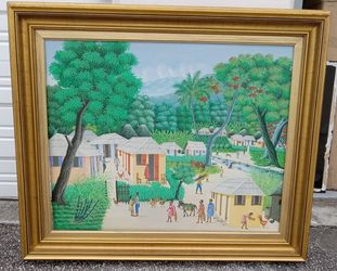 HENRY THEZUME - LISTED HAITIAN ARTIST-24"x 30"-"VILLAGE SCENE" DATED LOWER RIGHT....1986