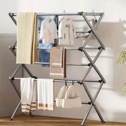 Foldable Adjustable Height Metal Clothes Drying Rack with Hooks & Shelves