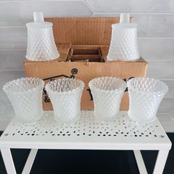 Set of 6 vintage Homco frosted etched clear  diamond-cut glass votive cup candle holders  3 3/4” tall  Exc cond new old stock in orig box