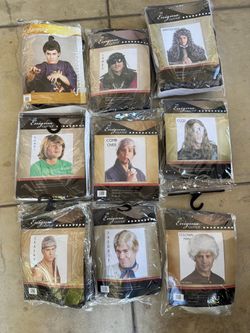Halloween costumes and brand new wigs, comb over, samurai, aristocrat, James brown, Shagi