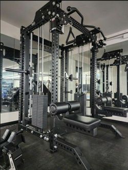 NEW Squat Rack Smith Machine Functional Trainer Cable Cross Over  Adjustable Bench Press 45lb Barbell Bumper Plates Home Gym 