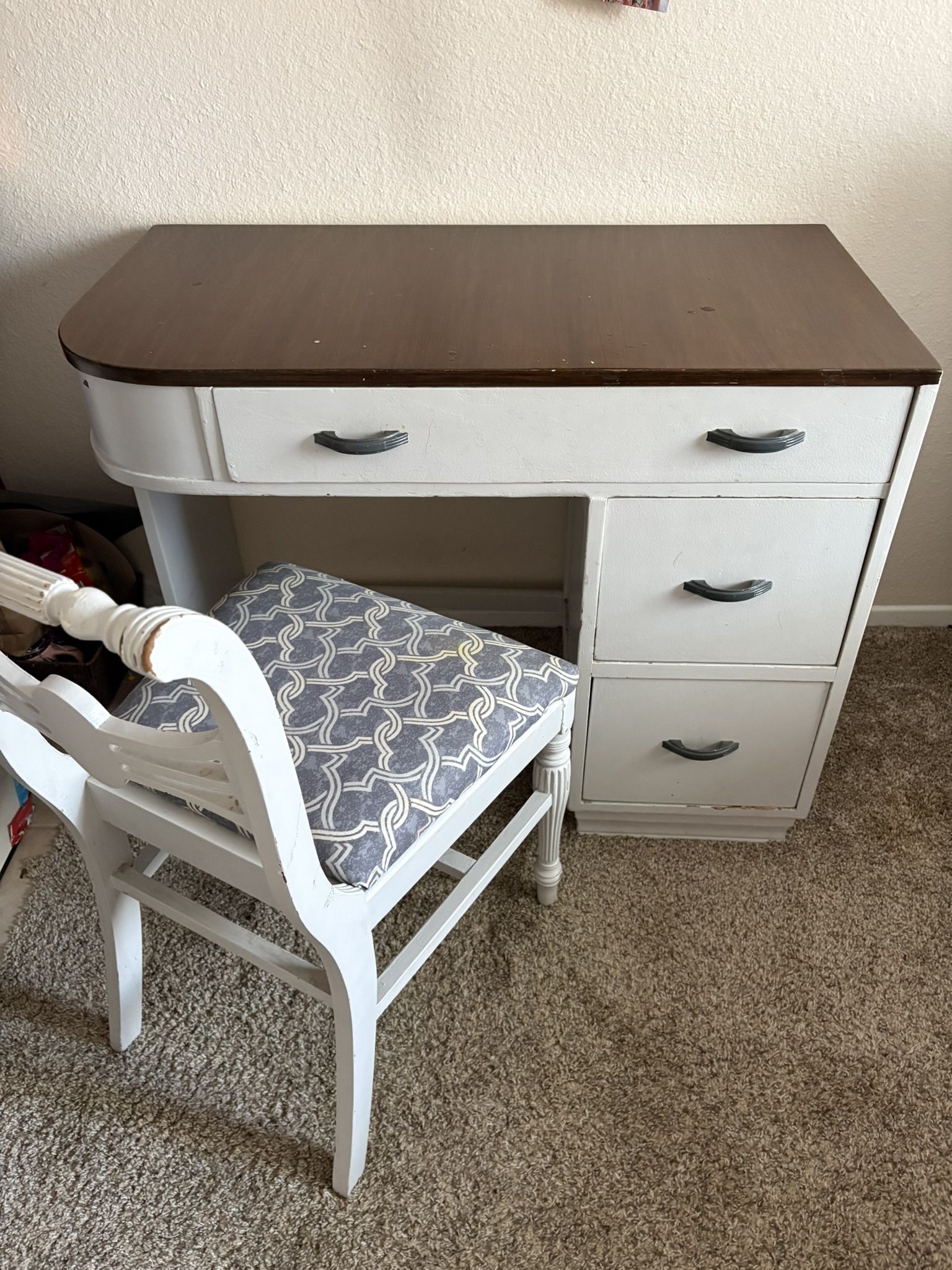 Solid wood Vintage Gray desk & Upholstered Chair Lots Of Storage