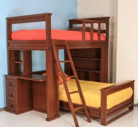 Wood L-Shaped Loft Bunk Bed with Desk
