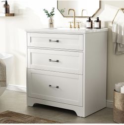 Amada 30″ Bathroom Vanity with Ceramic Sink, Modern Vanity with Storage Cabinet, 1 Tilt-Out Drawer and 2 Drawers, Deep and Sloped Single Sink, Easy As