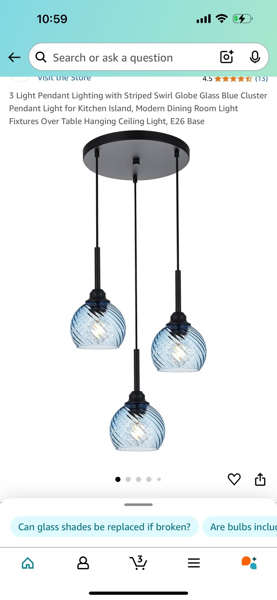 New in box Miluces3 Light Pendant Lighting with Striped Swirl Globe Glass Blue Cluster Pendant Light