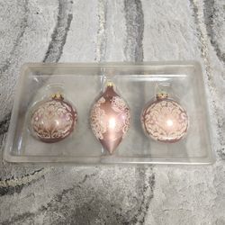 VTG 5 Pc Pink White FLOCKED GLASS Christmas Ornament BALLS Rhinestones butterfly