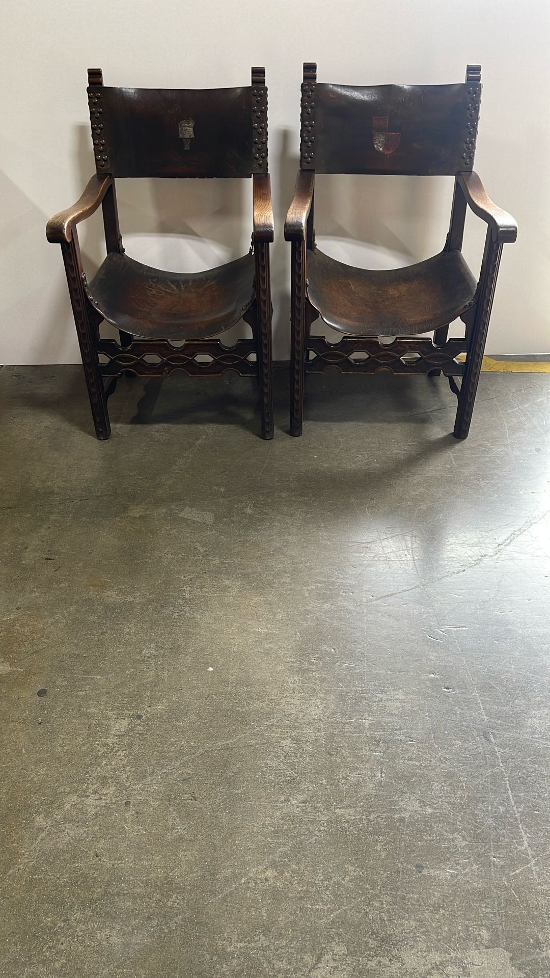 Wood And Leather Antique Armchairs