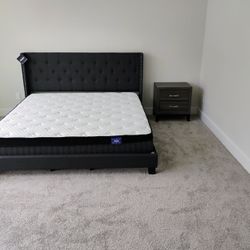 New King size Bed Frame + Mattress + Night Stand 